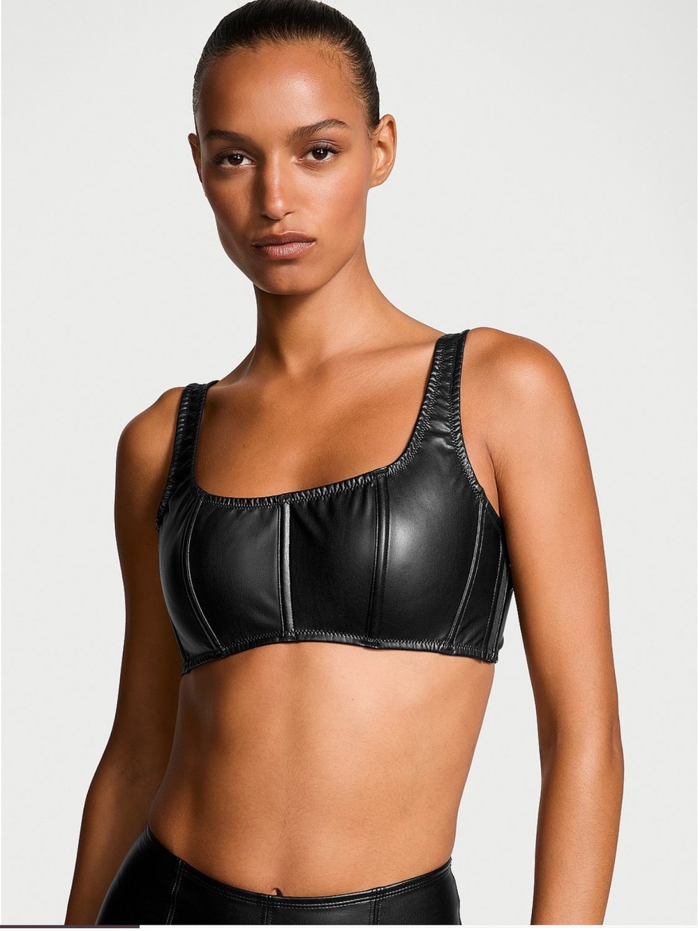 Black Faux Leather Crop Tank Top - Womens